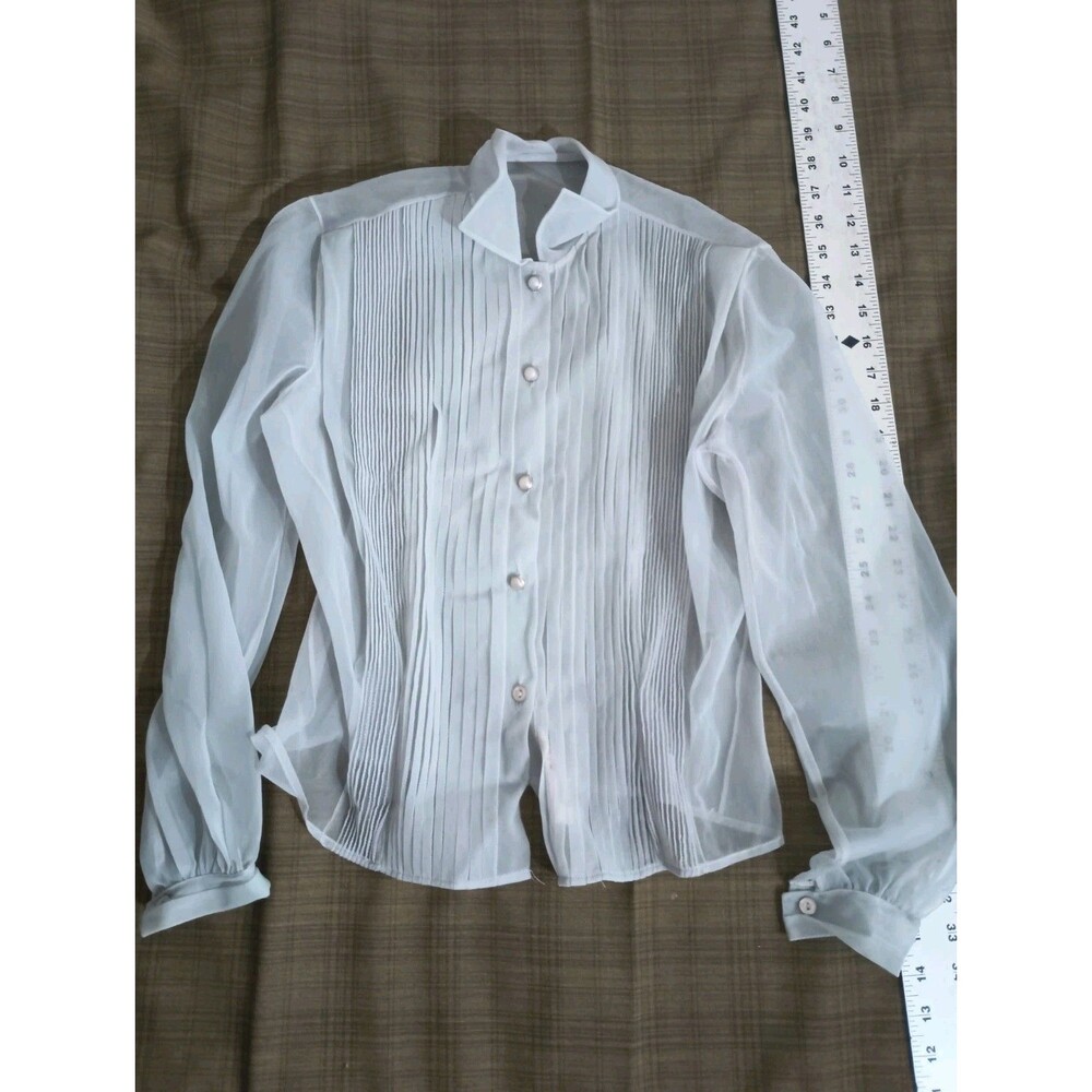 Vintage 1950s Alice Stuart Sheer Pale Blue Pleated Blouse Pearl Buttons Size 32